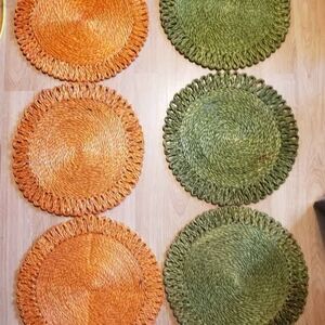 6 Groovy Vintage Grass woven Placemats Orange & Green 1970s Philippines 16"